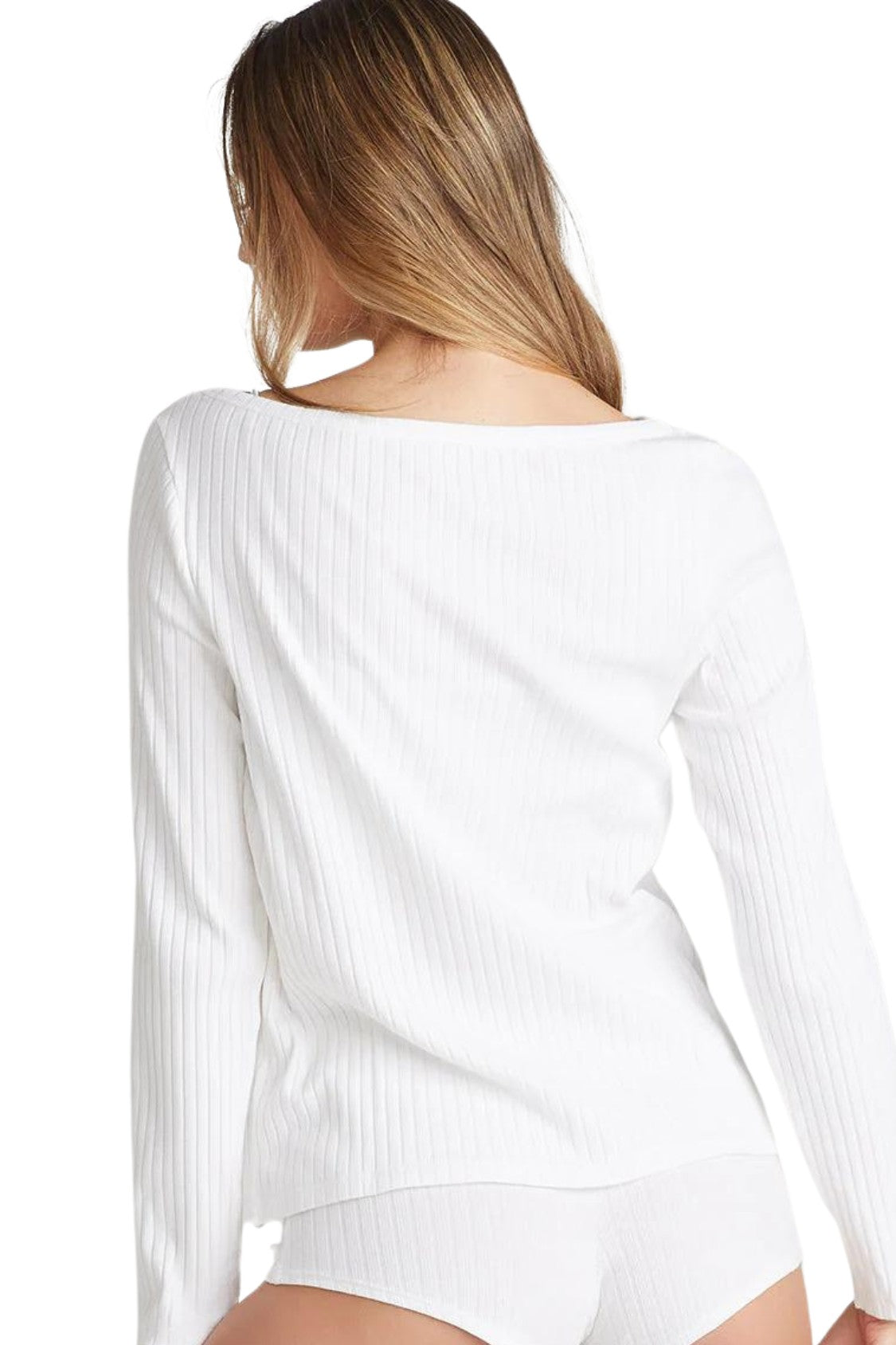 Long Sleeve Lounge Tee - Cotton Rib - White Yummie