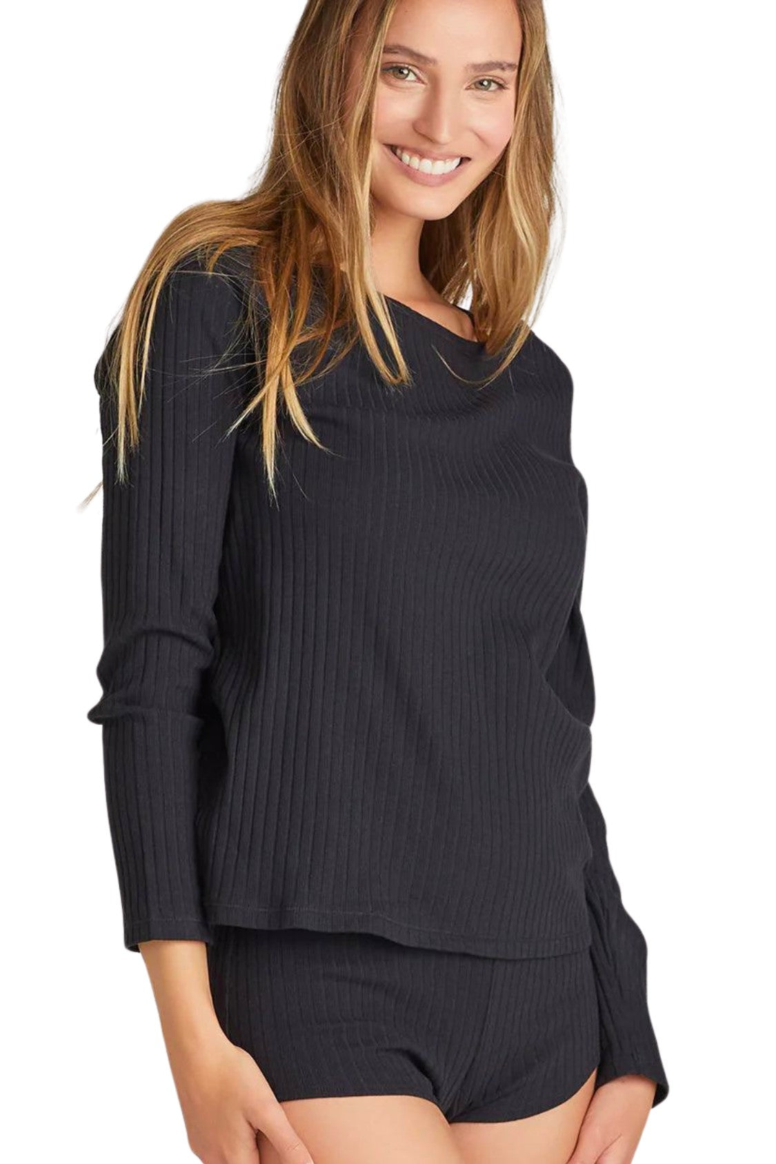 Long Sleeve Lounge Tee - Cotton Rib - Black Yummie