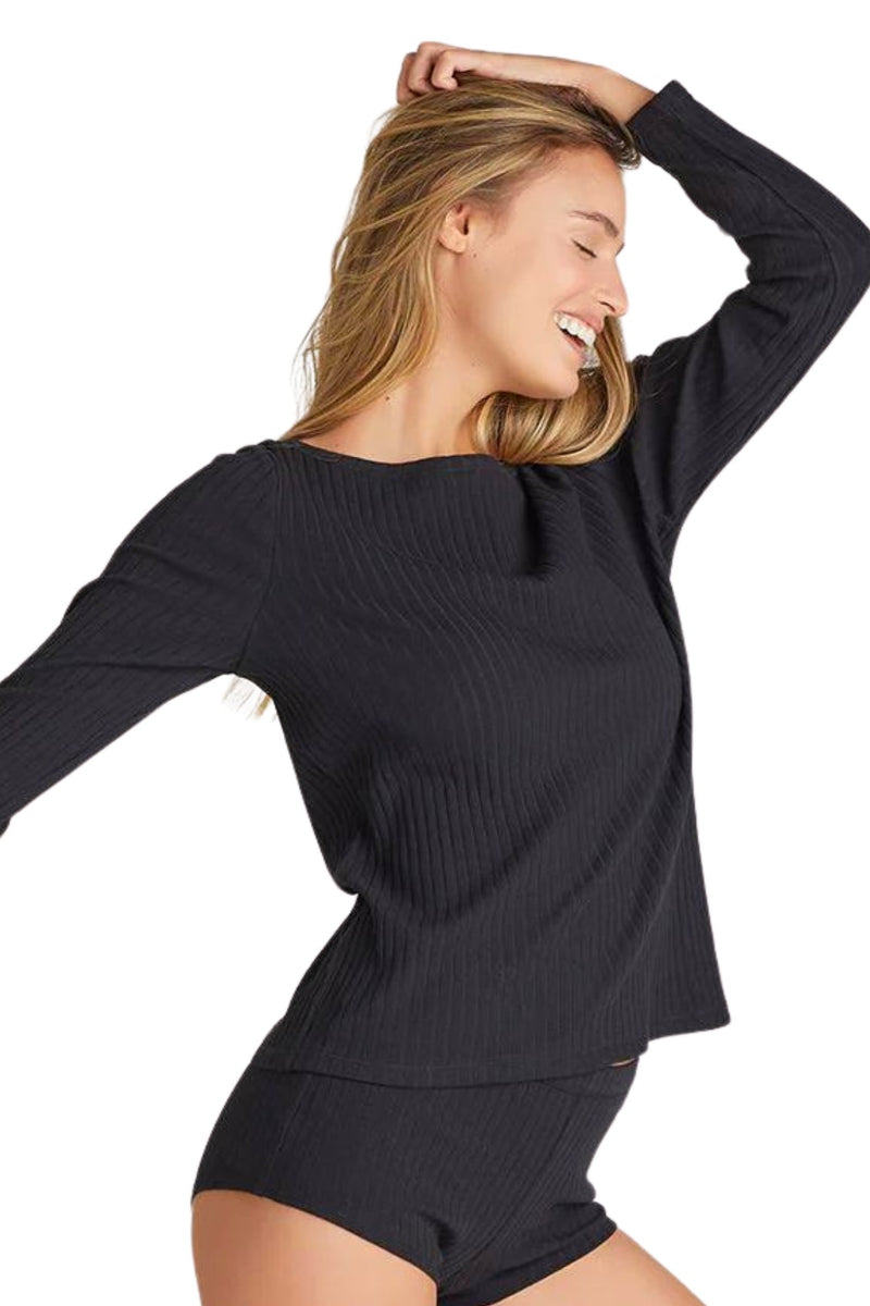 Long Sleeve Lounge Tee - Cotton Rib - Black Yummie