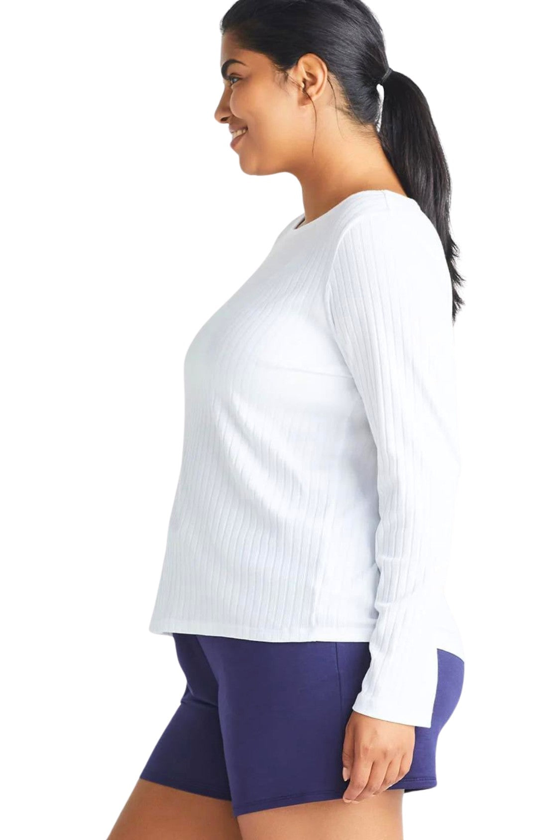 Long Sleeve Lounge Tee - Cotton Rib - White Yummie