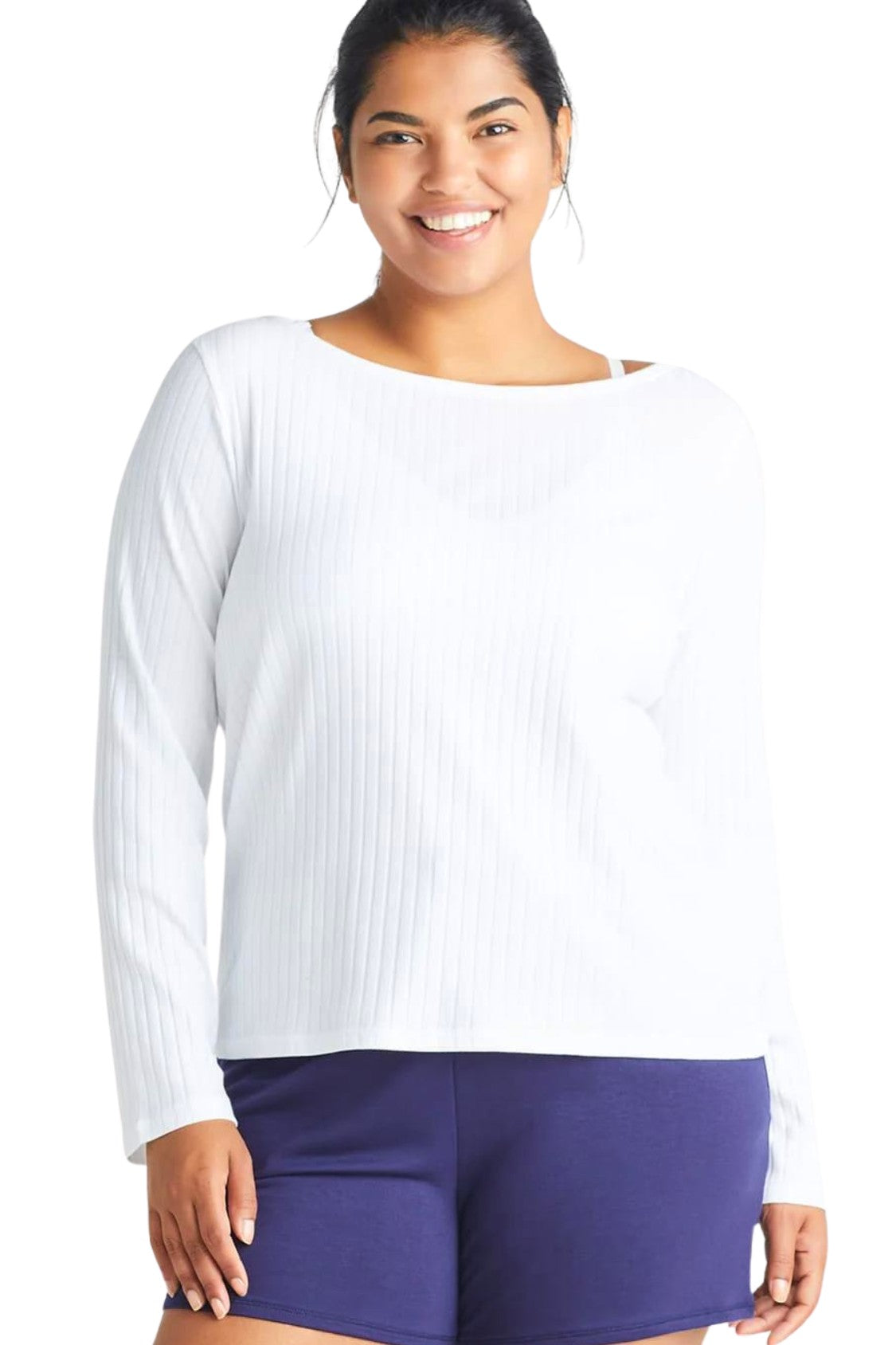 Long Sleeve Lounge Tee - Cotton Rib - White Yummie
